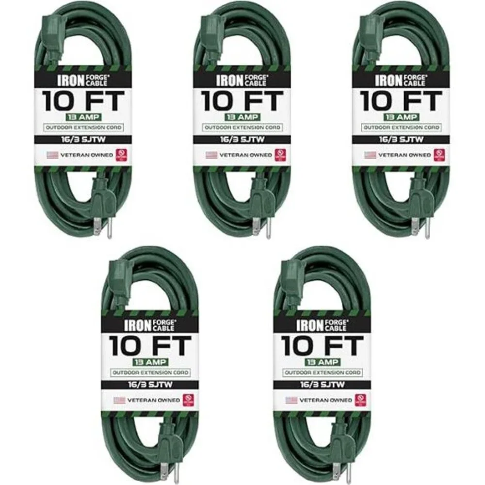 5 Pack Outdoor Extension Cord 10 ft, 16/3 SJTW Weatherproof Green Extension Cord